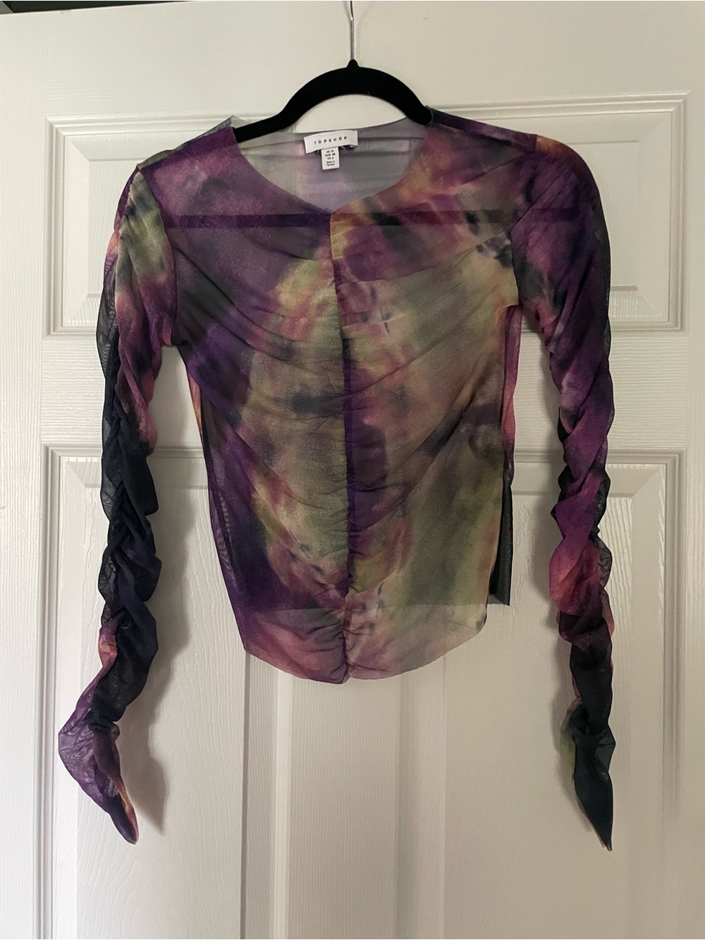 Topshop Tie Dye Ruched Mesh Long Sleeve Top | Purple Multi | Size 6 (Fits XS–S)